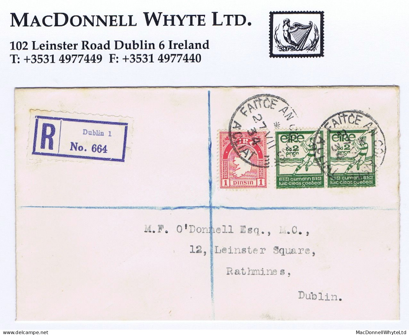 Ireland 1934 GAA 2d Hurler Pair On First Day Cover With 1d Map, Registered M F O'Donnell - FDC