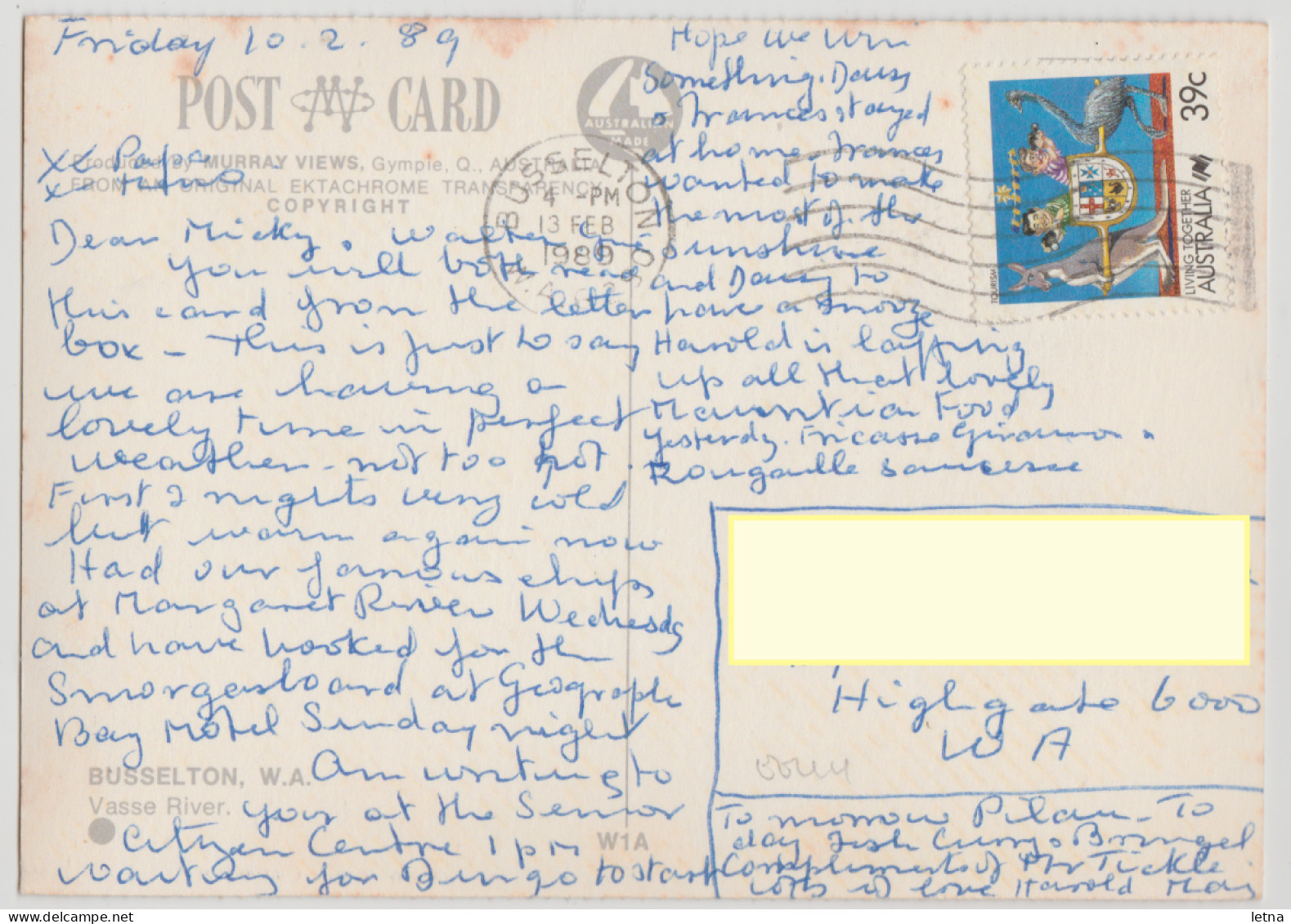 WESTERN AUSTRALIA WA Vasse River BUSSELTON Murray Views W1A Postcard 1989 Pmk 39c Stamp - Autres & Non Classés