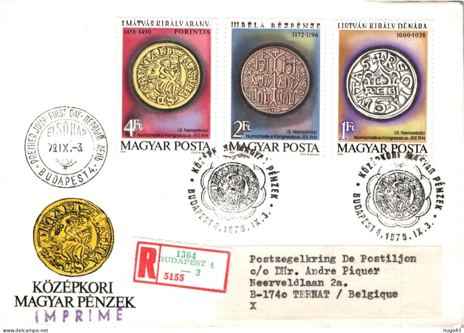 (RECTO / VERSO) ENVELOPPE 1er JOUR RECOMMANDEE - 1979 - MONNAIES - KOZEPKORI - MAGYAR PENZEK - TIMBRE AU DOS - FDC