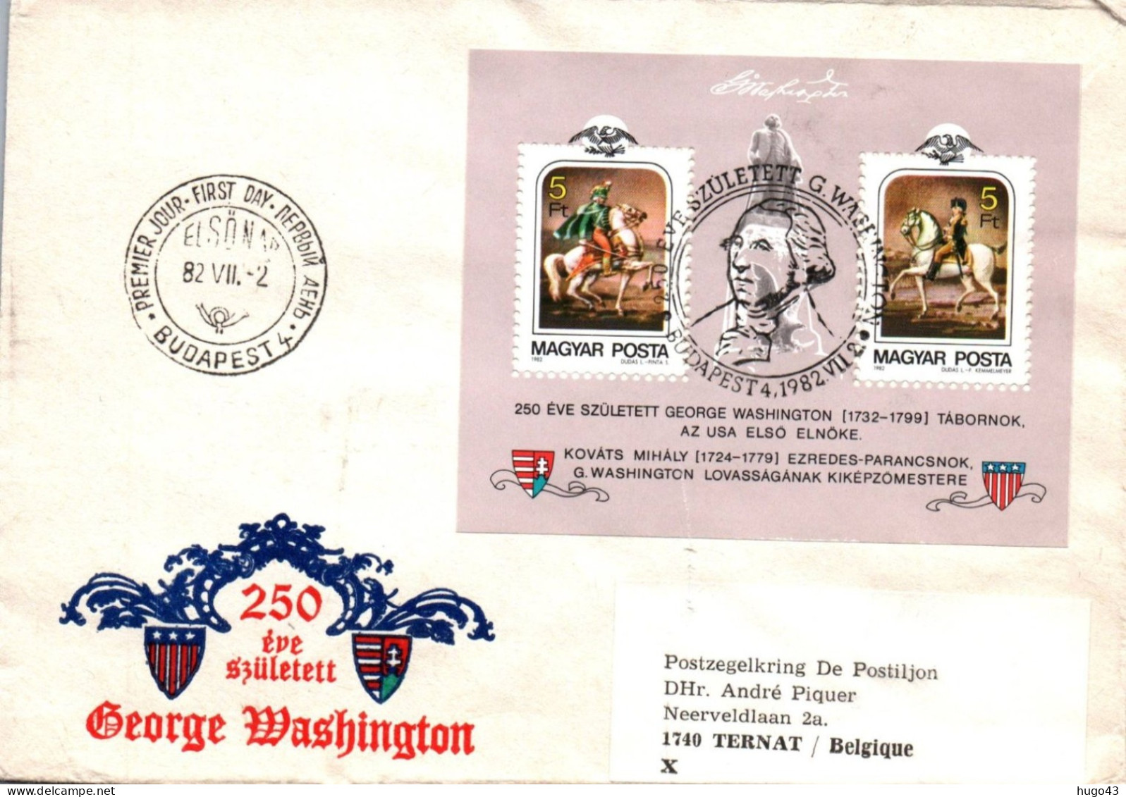 (RECTO / VERSO) ENVELOPPE 1er JOUR  - 1982 - 250 EVE SZULETT GEORGE WAHINGTON - BLOC - FDC