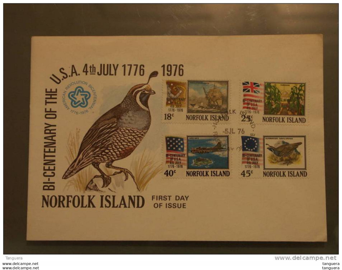 Norfolk FDC 1976 Bi-centenary USA Lophortyx Bird Bateau Avion  Yv 173-176 - Indépendance USA