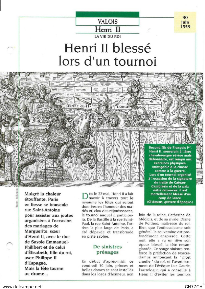 FICHE ATLAS: HENRI II BLESSE LORS D'UN TOURNOI -VALOIS - Histoire