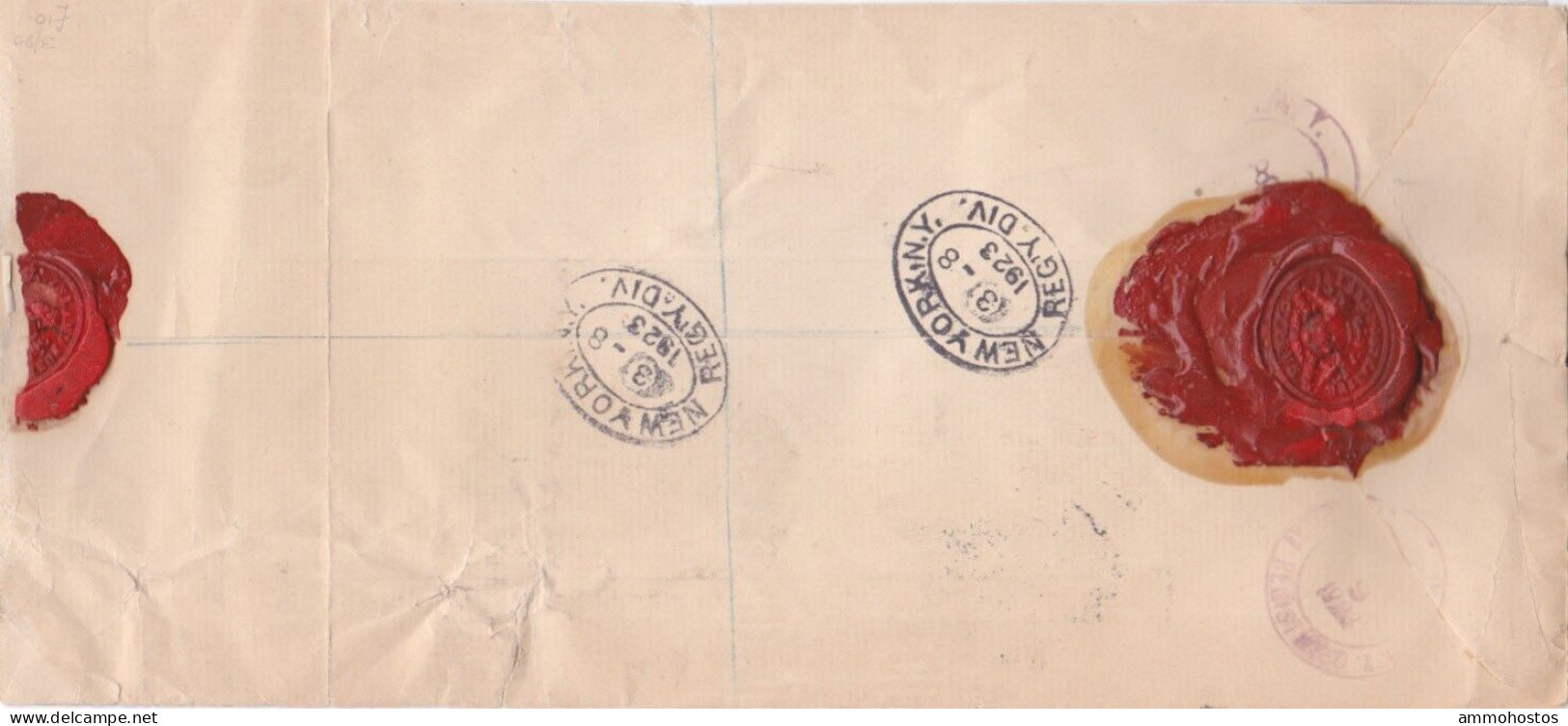 CYPRUS 1923 REGISTERED COVER NICOSIA USA 5 1/2 PIASTRE RATE KGV WAX SEALS - Zypern (...-1960)