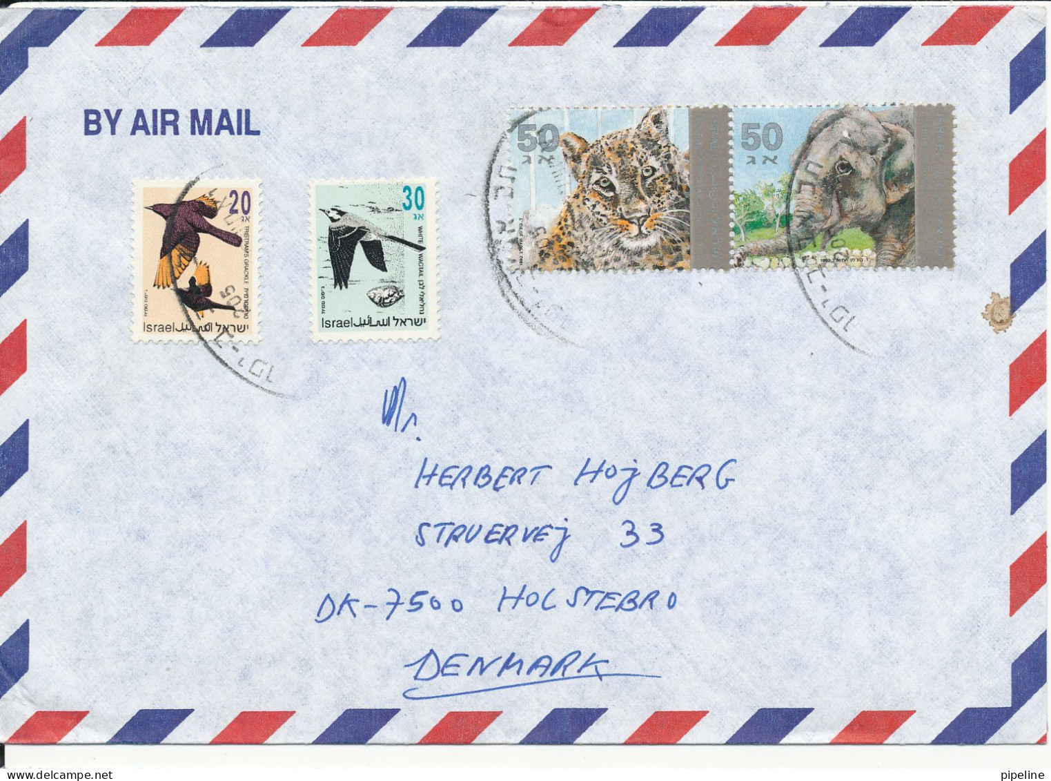 Israel Air Mail Cover Sent To Denmark With Panther And Elephant Stamps - Poste Aérienne