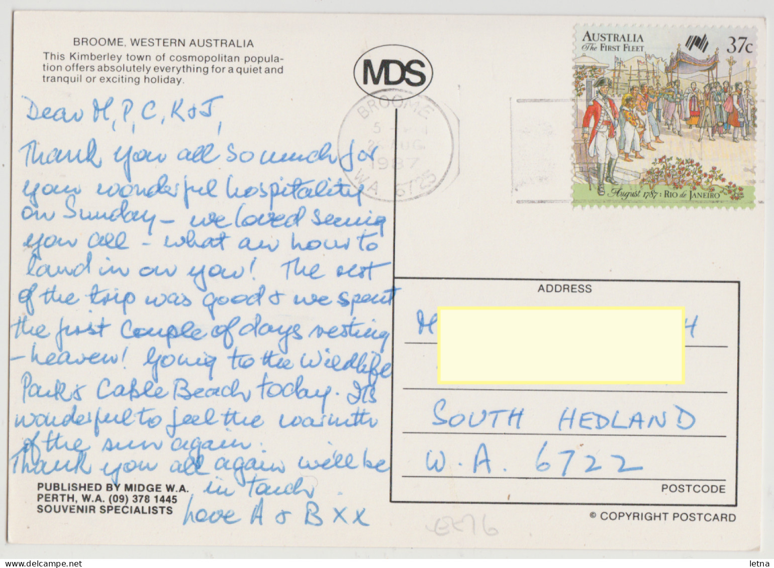 WESTERN AUSTRALIA WA Town Coast & Pearling Industry Views BROOME Midge MDS Postcard 1987BROOME Pmk 37c Stamp - Broome
