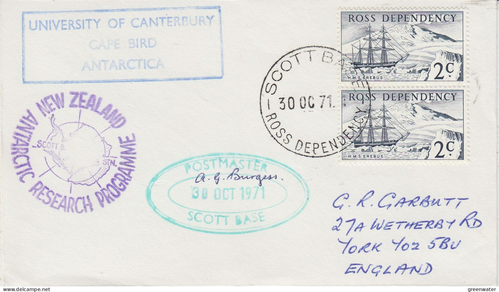 Ross Dependency University Of Canterbury Cape Bird  Signature Postmaster Scott Base  Ca Scott Base 30 OCT 1971 (SO192) - Bases Antarctiques