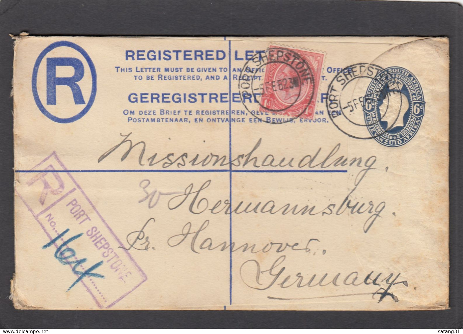 ENTIER POSTAL RECO. AVEC AFFRANCHISSEMENT COMPLEMENTAIRE DE PORT SHEPSTONE  POUR L'ALLEMAGNE CACHET AU VERSO,1923. - Lettres & Documents