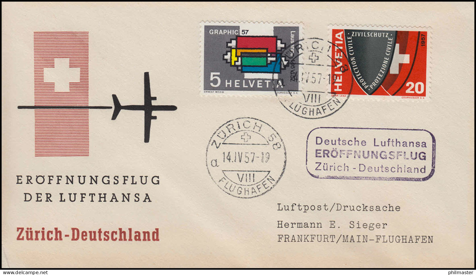 Deutsche Lufthansa Eröffnungsflug ZÜRICH 14.4.1957 - Deutschland  - Erst- U. Sonderflugbriefe