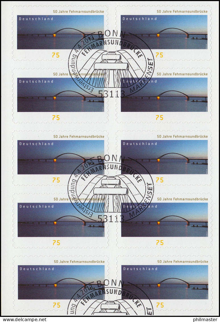 FB 29 Fehmarnsundbrücke, Folienblatt 10x3003, Erstverwendungsstempel Bonn 4.4.13 - 2011-2020