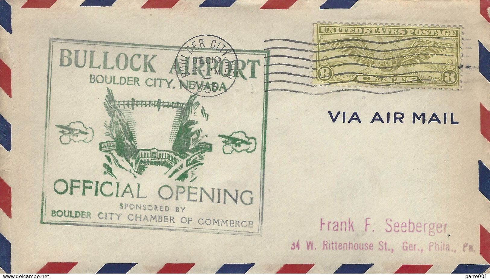 USA 1933 Boulder City Hoover Dam Hydropower Official Opening Airport Cover - Eau