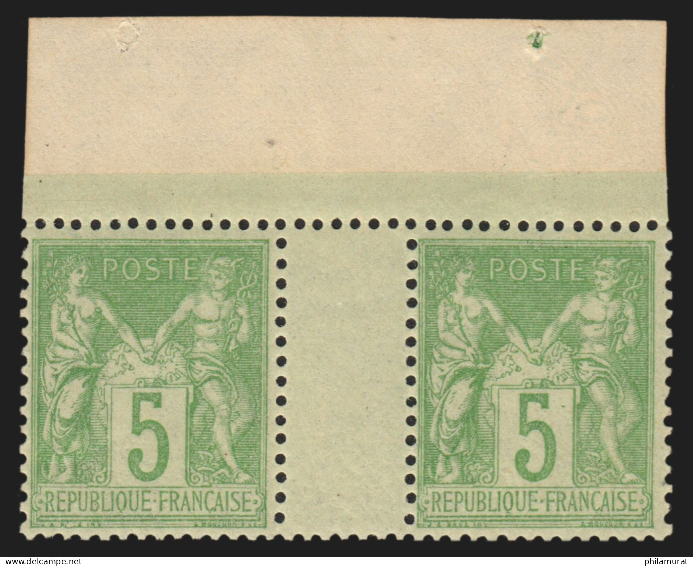 N°102 Paire Bord De Feuille, Sage 5c Vert-jaune, Neuf * Infime Charnière - TB - 1898-1900 Sage (Type III)