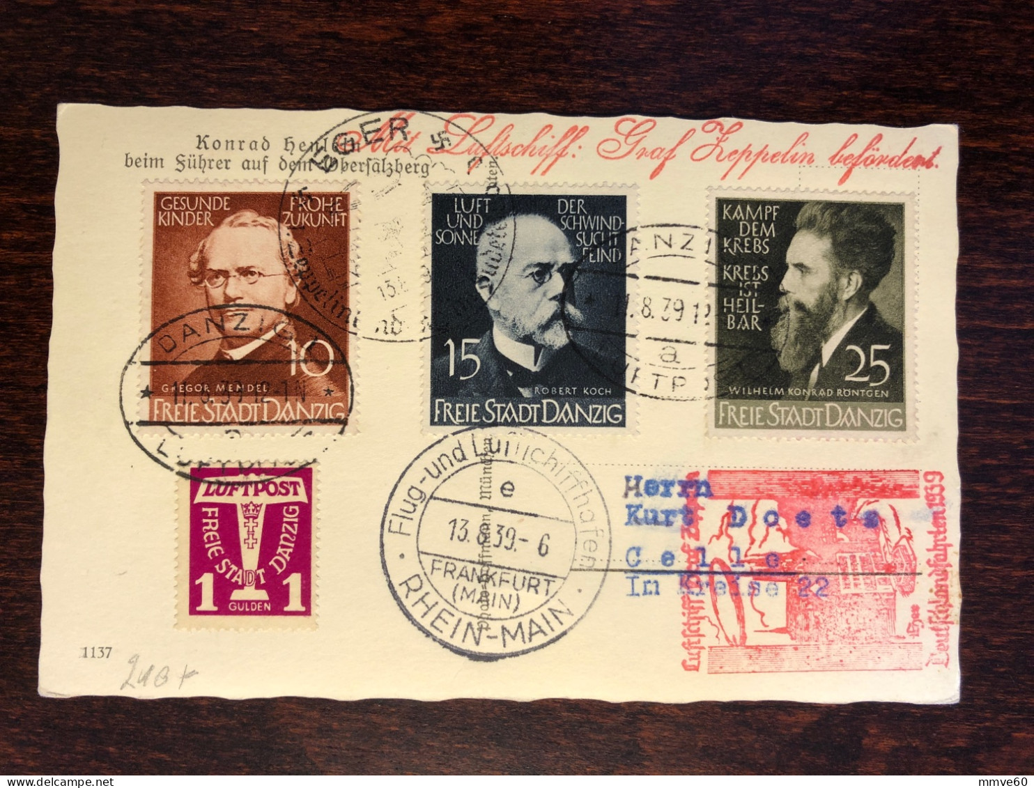 DANZIG VERY RARE CARD ZEPPELIN POST 1939 YEAR KOCH MENDEL RONTGEN HEALTH MEDICINE STAMPS - Brieven En Documenten