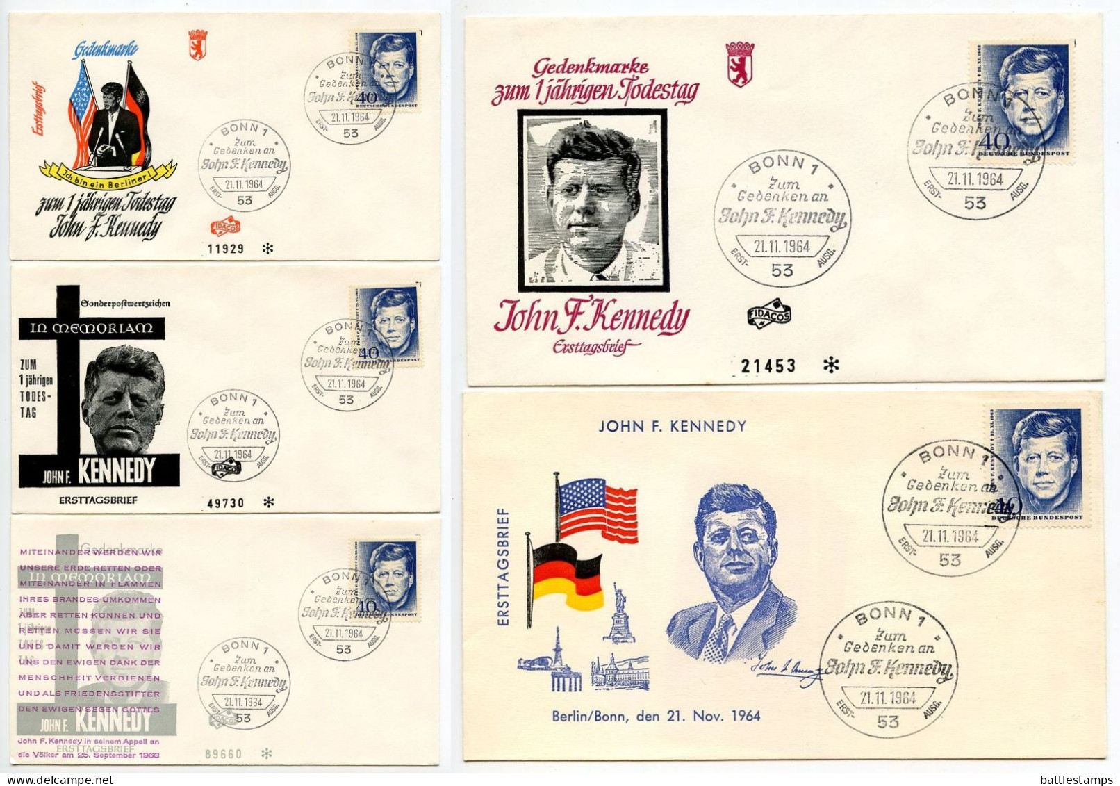 Germany, West 1964 5 FDCs Scott 901 U.S. President John F. Kennedy - 1961-1970