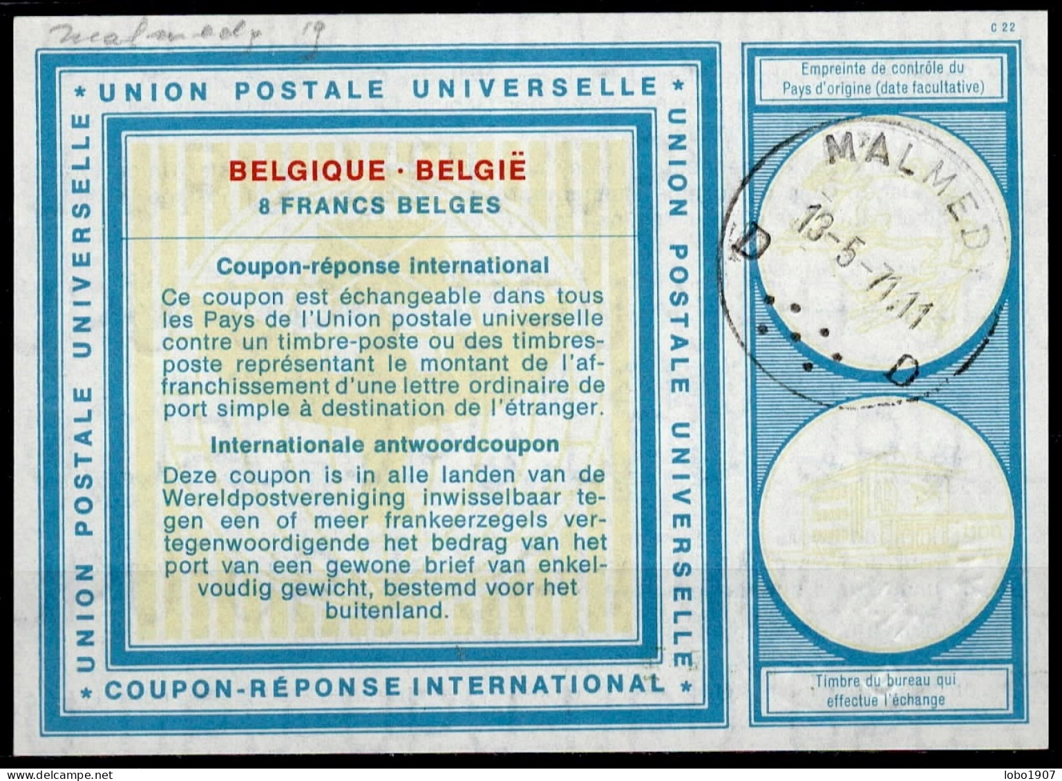 MALMEDY 13.05.71   BELGIQUE BELGIE BELGIUM  Vi19  8 FRANCS BELGES Int. Reply Coupon Reponse Antwortschein IAS IRC - Internationale Antwortscheine