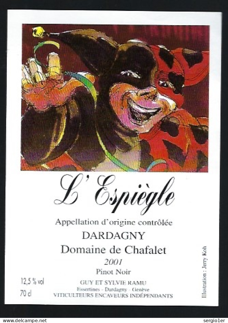 Etiquette Vin Pinot Noir Domaine De Chafalet 2001  L'Espiègle  Guy Et Sylvie Ramu  Illustration Jerry Koh - Red Wines