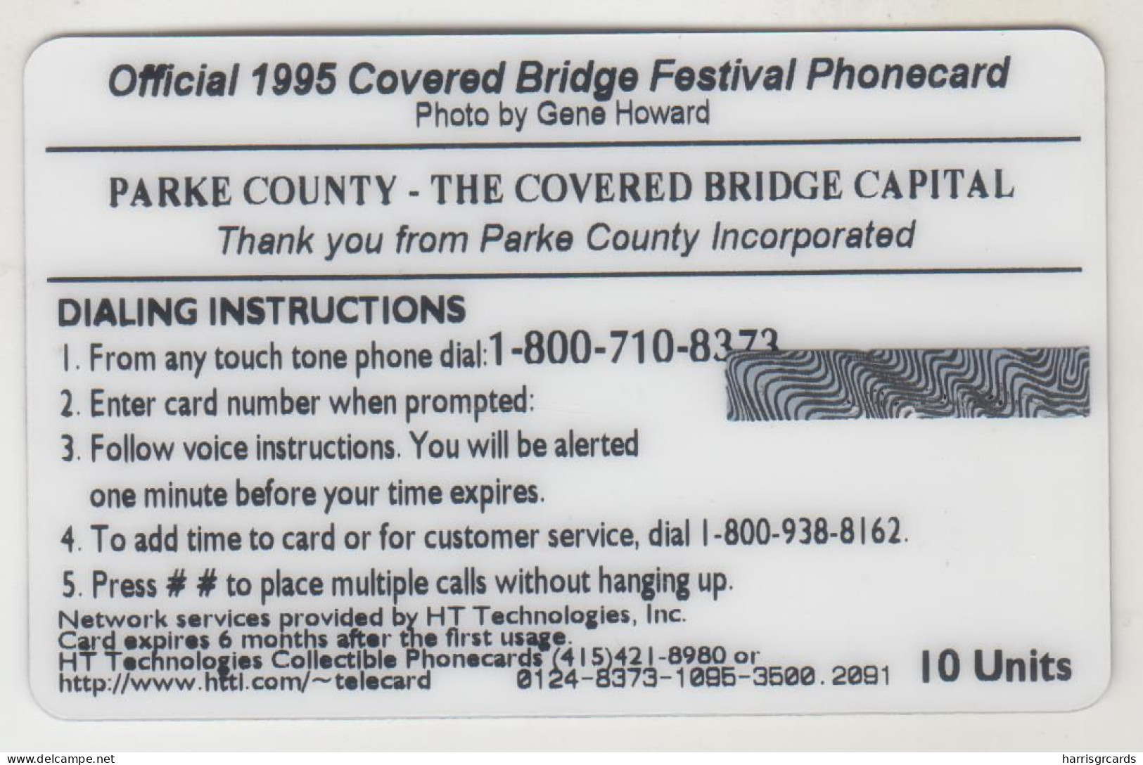 USA - Parke County Covered Bridge Fest 1995 (Coca Cola) ,HT Technologies Prepaid Card 10 U, Tirage 3.500, Mint - Autres & Non Classés