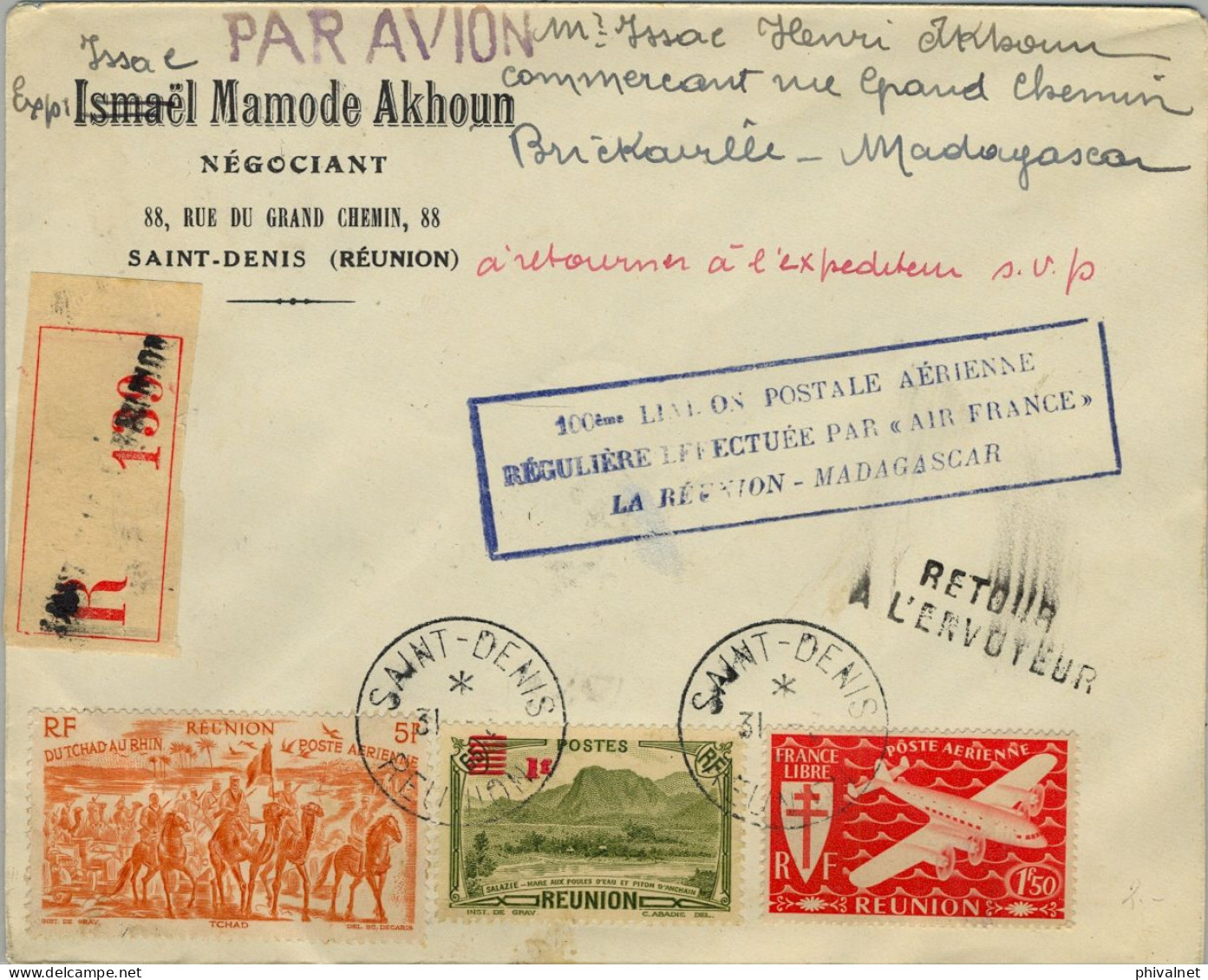 1947 REUNIÓN , SAINT DENIS , 100 ÉME LIAISON POSTALE AÉRIENNE RÉGULIÉRE PAR AIR FRANCE A MADAGASCAR , BRICKAVILLE - Storia Postale