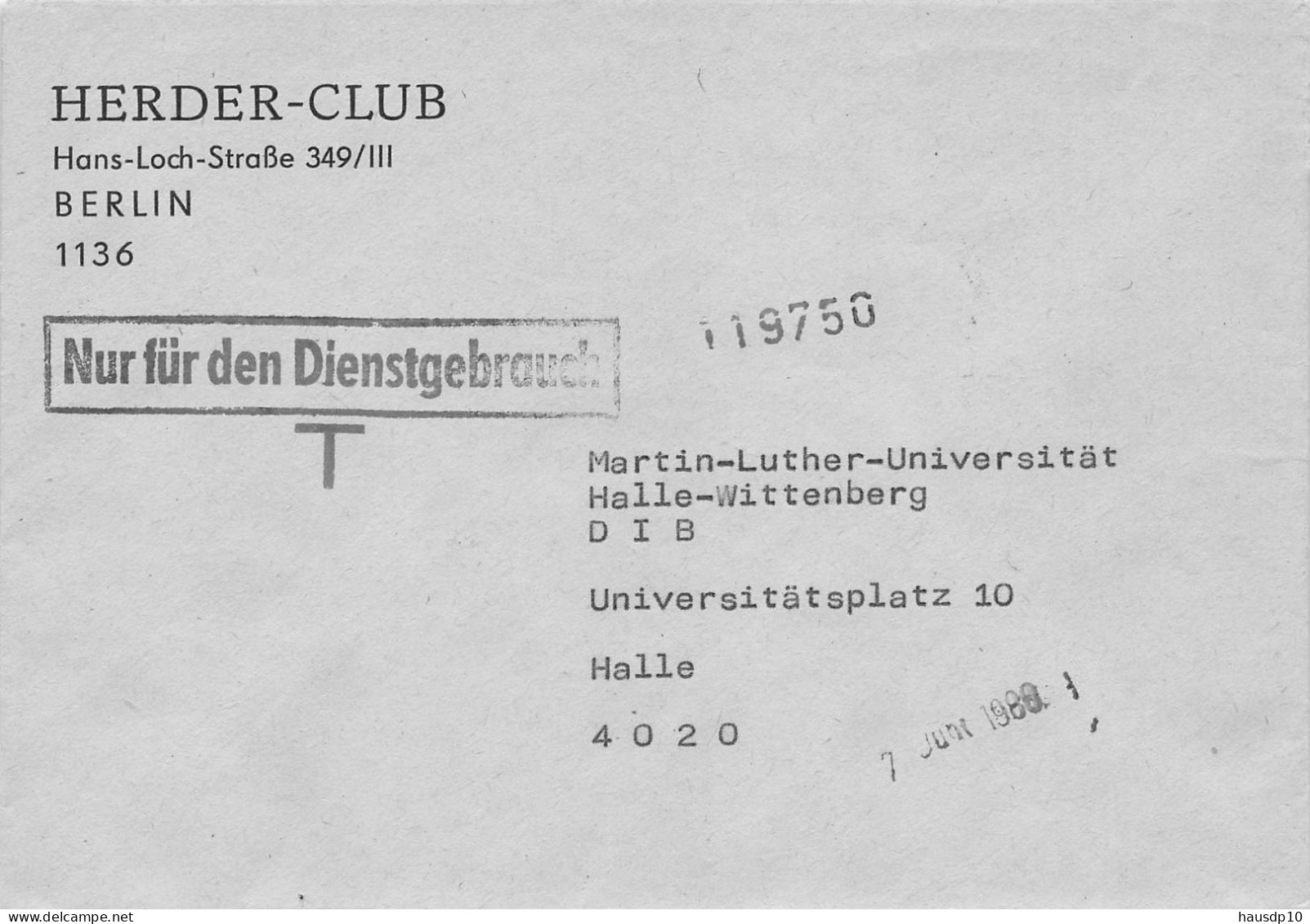 DDR Dienst Brief - Nur Für Den Dienstgebrauch - HERDER CLUB Berlin 1988 - Zentraler Kurierdienst