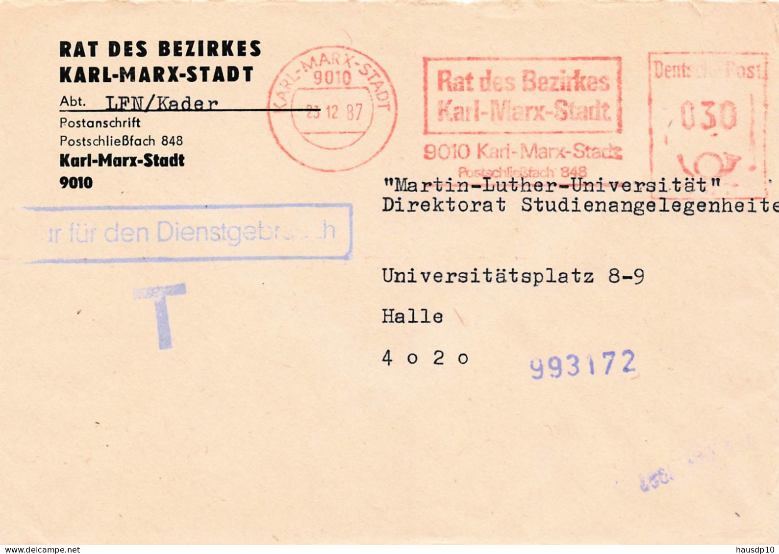 DDR Dienst Brief - Nur Für Den Dienstgebrauch - Afs Rat Des Bezirkes Karl Marx Stadt 1987 - Zentraler Kurierdienst