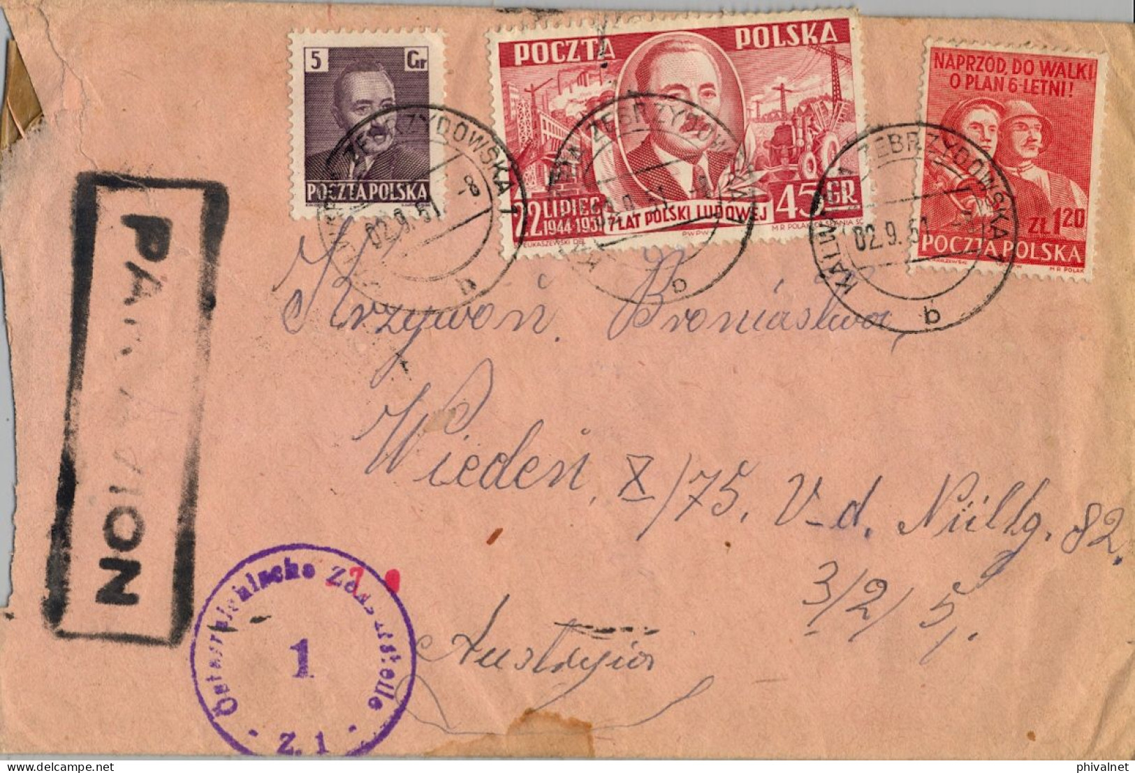 1951 KALWARIA ZEBRZYDOWSKA / WIEN , SOBRE CIRCULADO , MARCA DE CENSURA  ESTAMPADA EN AUSTRIA , LLEGADA , CORREO AÉREO - Covers & Documents