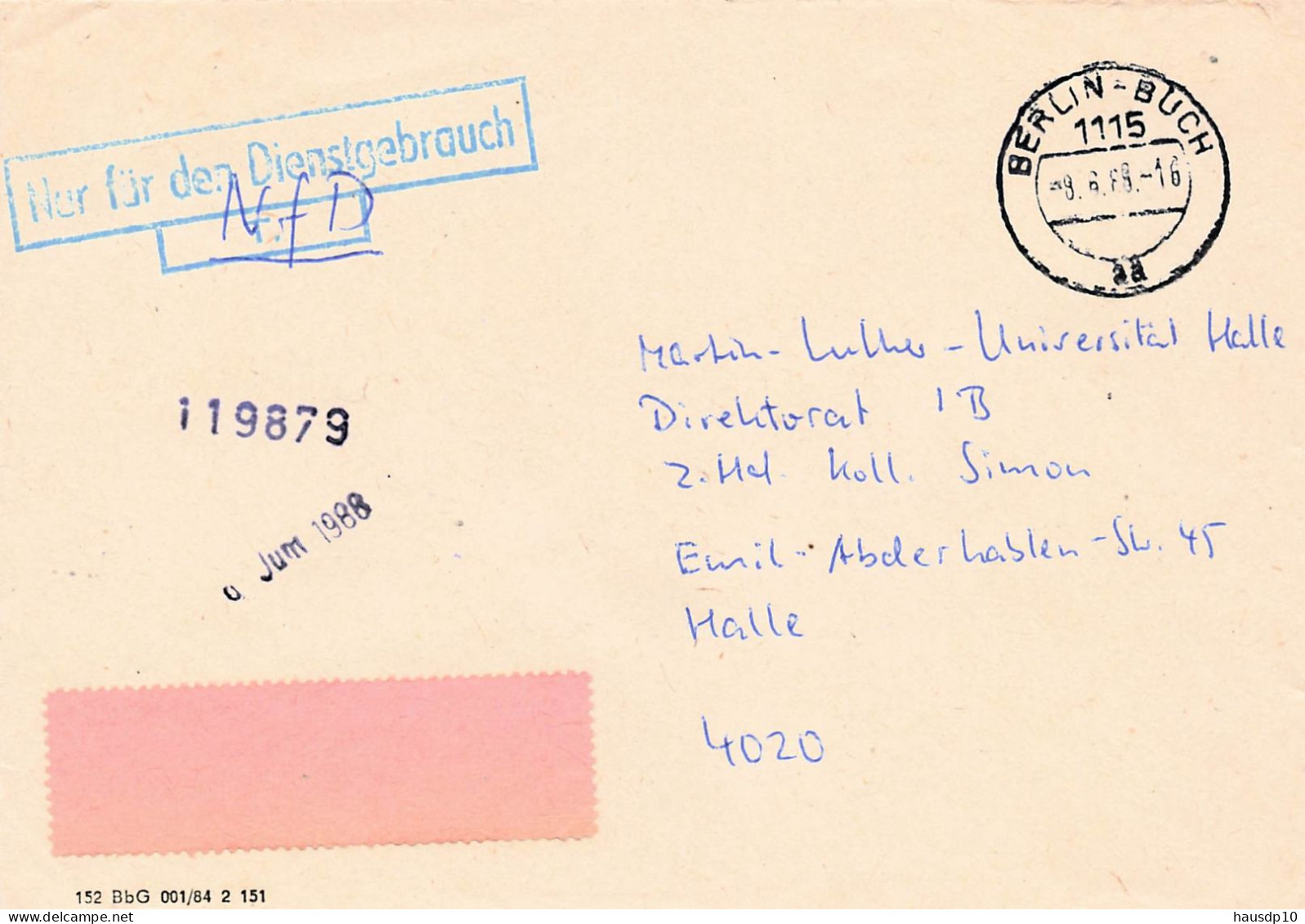 DDR Dienst Brief - Nur Für Den Dienstgebrauch - Berlin Buch 1988 - Zentraler Kurierdienst