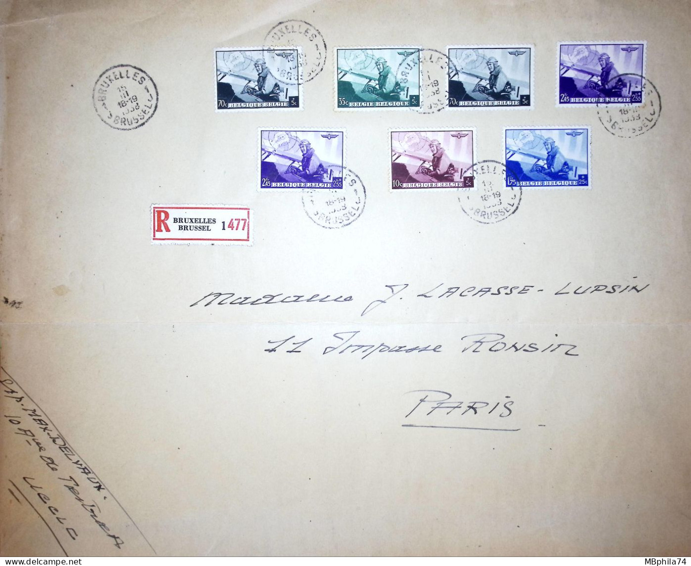 DEVANT DE LETTRE FRONT COVER POSTE AERIENNE BELGIQUE 10C A 2F45 RECOMMANDE BRUXELLES POUR PARIS 1958 - Briefe U. Dokumente