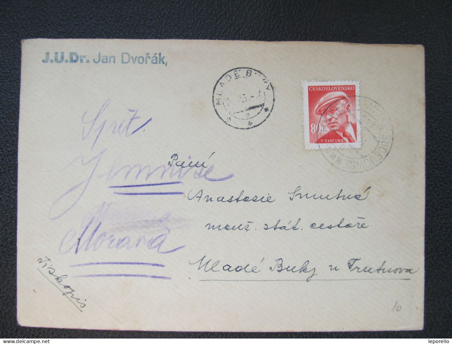 BRIEF Jemnice Moravské Budějovice - Mladé Buky 1945 Vlakovka Bahnpost Zugstempel  /// P4294 - Covers & Documents