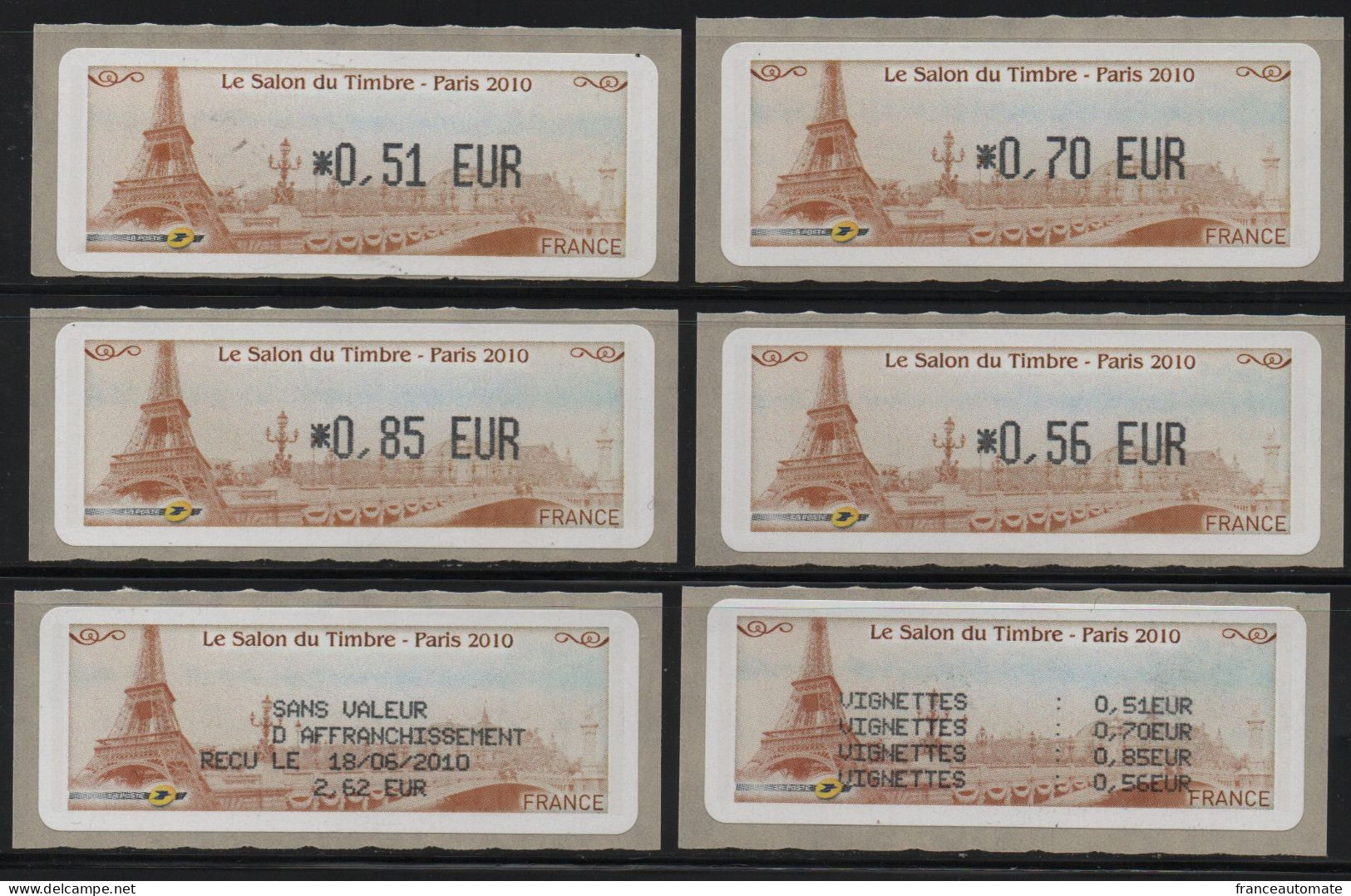 6 Atms, Lisa1, Sans Mention, Ecopli 0.51€, Prioritaire- 20g 0.56€, Union Eur 0.70€, Monde 0.85€, Salon 2010, TOUR EIFFEL - 2010-... Illustrated Franking Labels