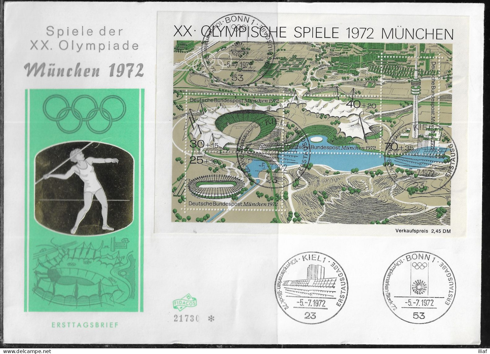 Germany. FDC Mi. BL7. Souvenir Sheet. Summer Olympic Games 1972 - Munich. FDC Cancellation On Big Special Envelope 21730 - 1971-1980