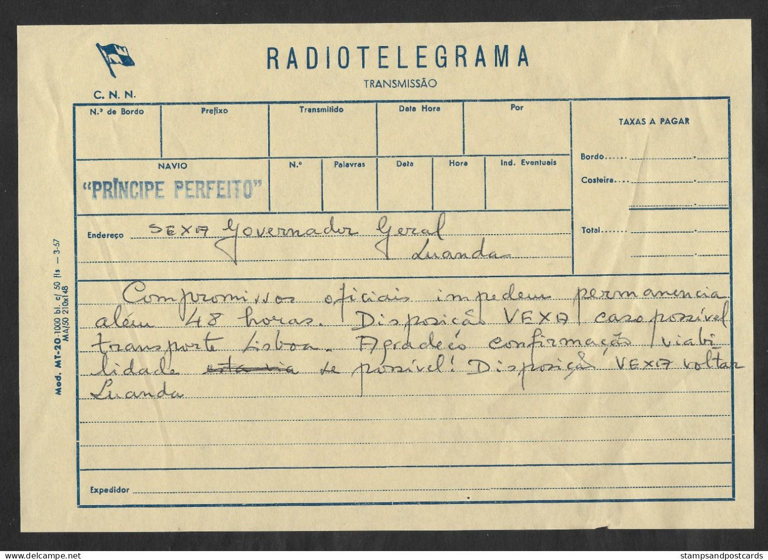 Portugal Radio Télégramme 1967 Paquebot Príncipe Perfeito CNN Companhia Nacional De Navegação Radio Telegram Ship - Covers & Documents