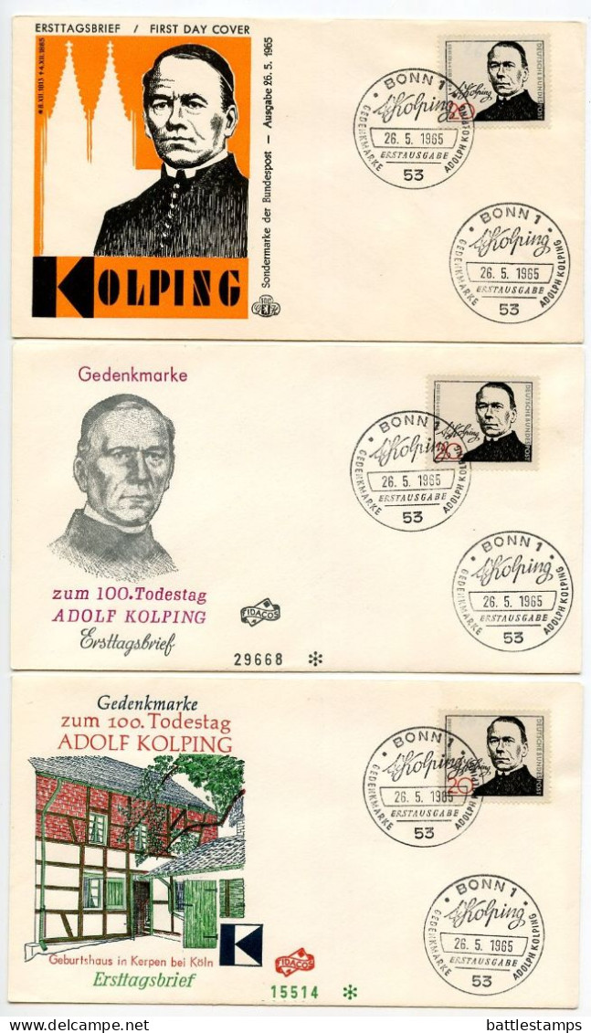 Germany, West 1965 3 FDCs Scott 928 Adolf Kolping, Founder Of Kolpingwork - Catholic Unions Of Journeymen - 1961-1970