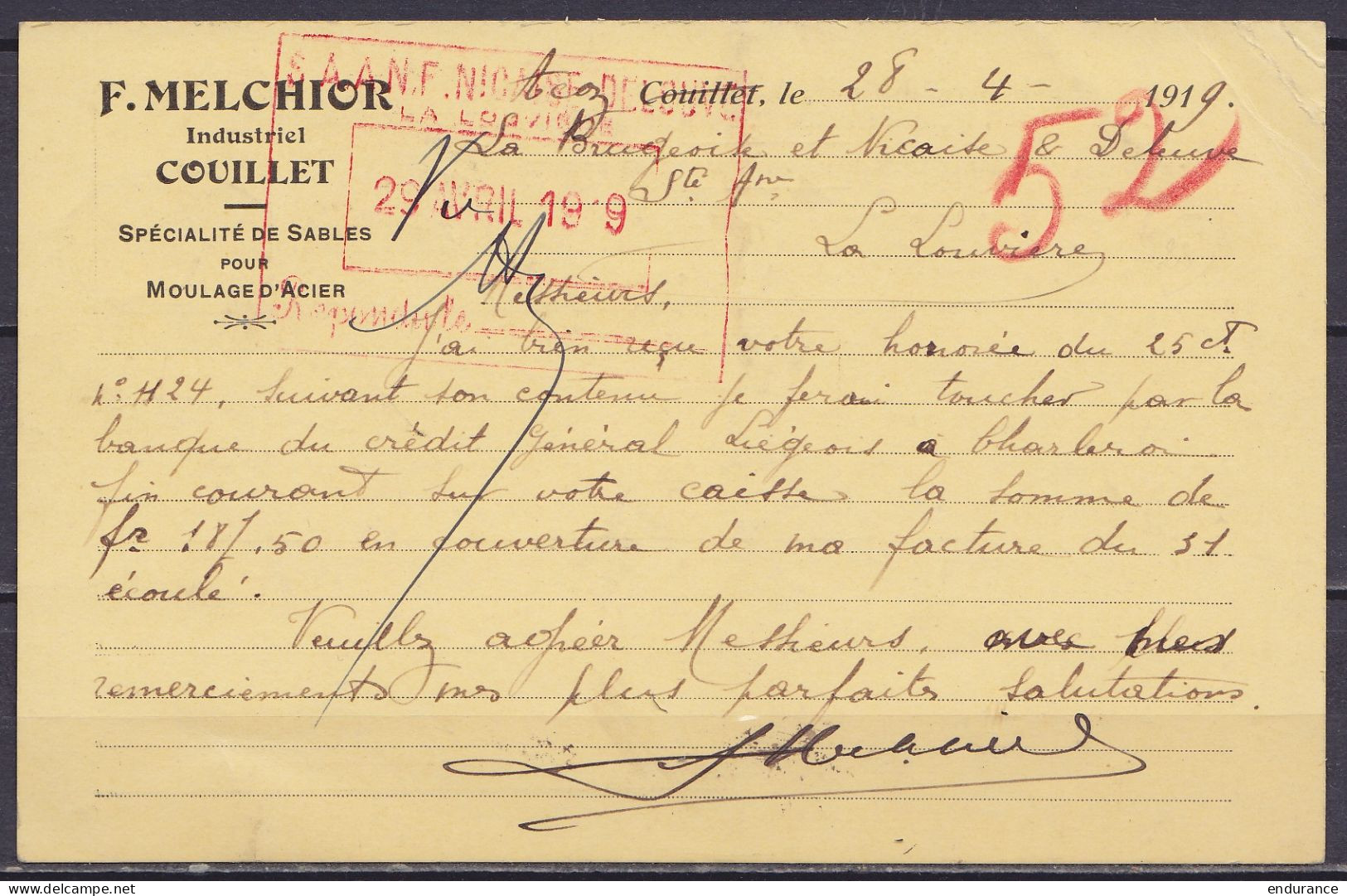 CP "Sablières & Carrières Melchior Couillet" Affr. N°137 Obl. Fortune "*Belgique 3 /28-IV/ BELGIE*" Pour LA LOUVIERE - C - Fortune (1919)
