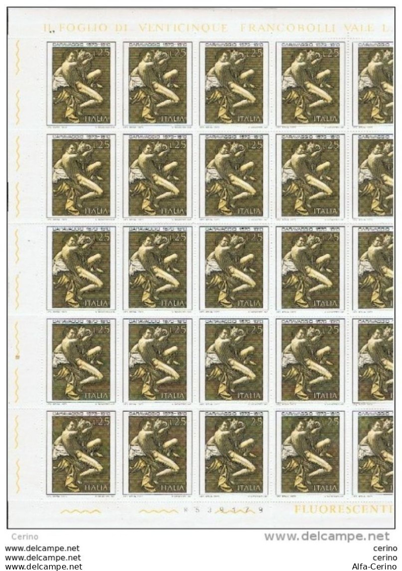 REPUBBLICA:  1973  CARAVAGGIO  -  £. 25  NERO  E  GIALLO  -  FGL.  25  N. -  SASS. 1225 - Feuilles Complètes