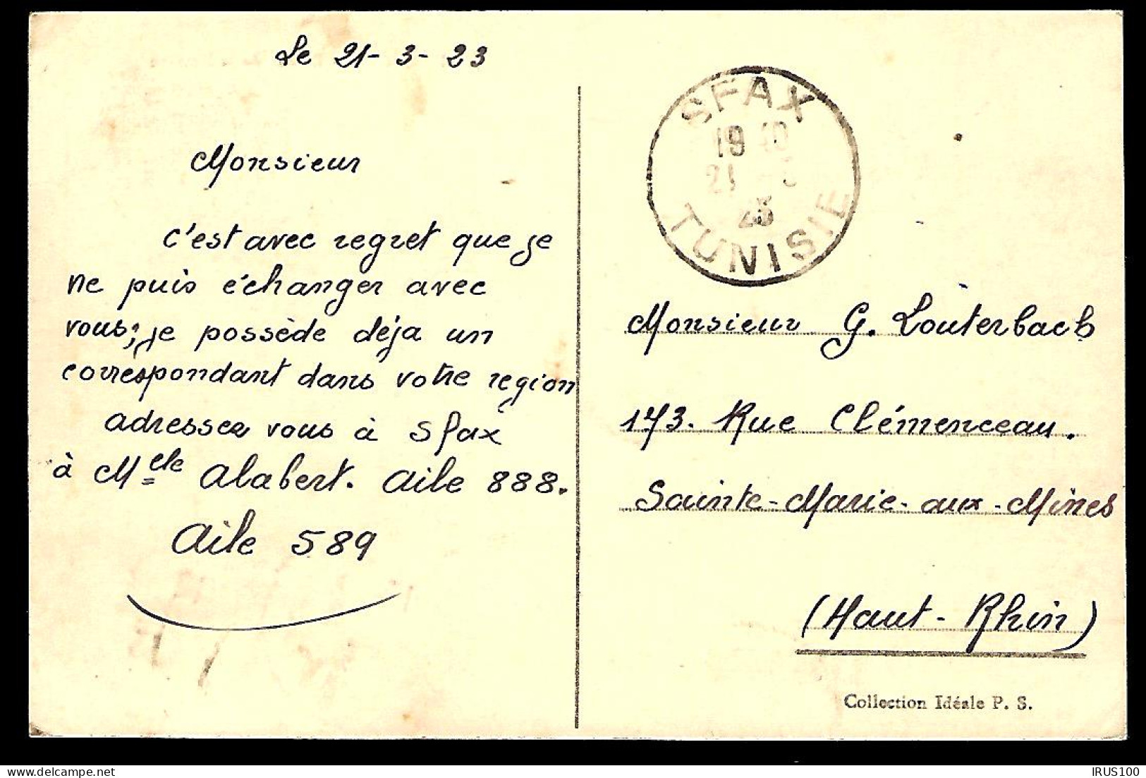 CARTE EN PROVENANCE DE SFAX - TUNISIE - 1923 - POUR SAINTE-MARIE-AUX MINES - Lettres & Documents