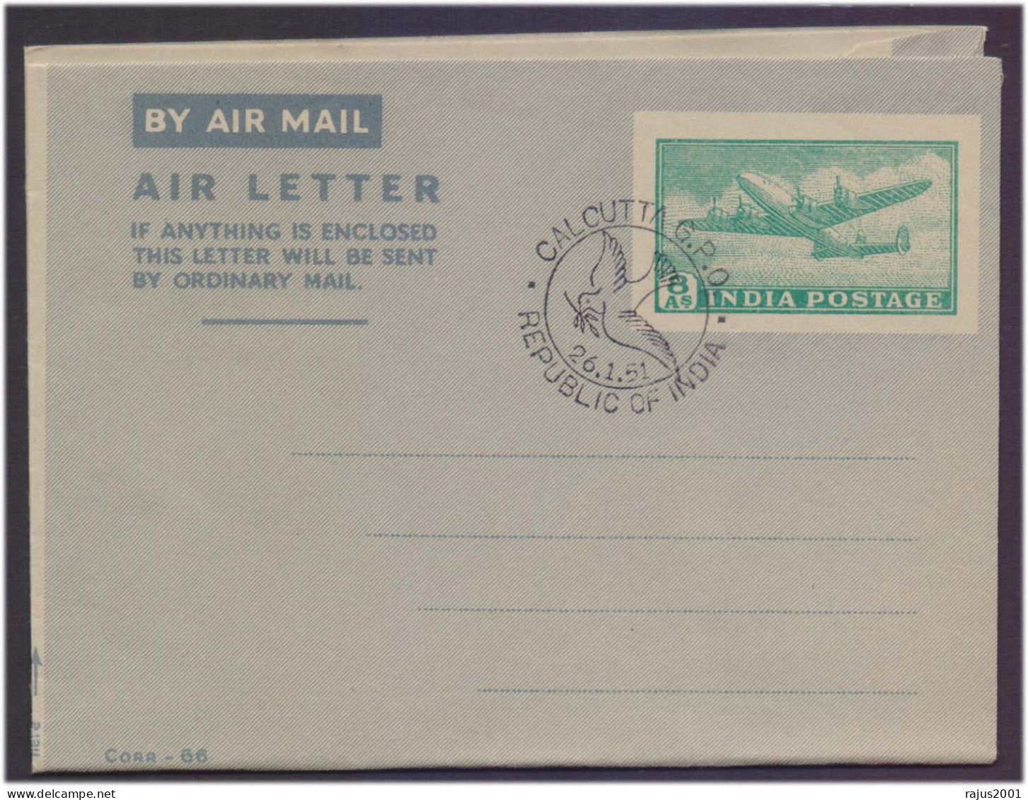 First Anniversary Of India's Republic Was Celebrated On January 26, 1951, Republic Of India Aerogramme Air Letter 1951 - Briefe U. Dokumente