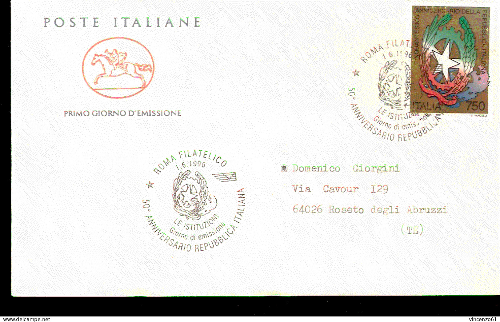 1996 BUSTA CON ANNULLO FDC ``Le Istituzioni’’. 2ª Serie. Cinquantenario Della Repubblica Italiana. - European Community