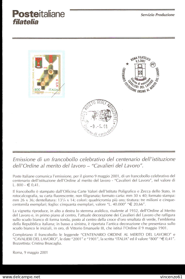 2001 Bollettino Centenario Dell'Istituzione Dell'Ordine Al Merito Del Lavoro ``Cavalieri Del Lavoro’’. - Other & Unclassified