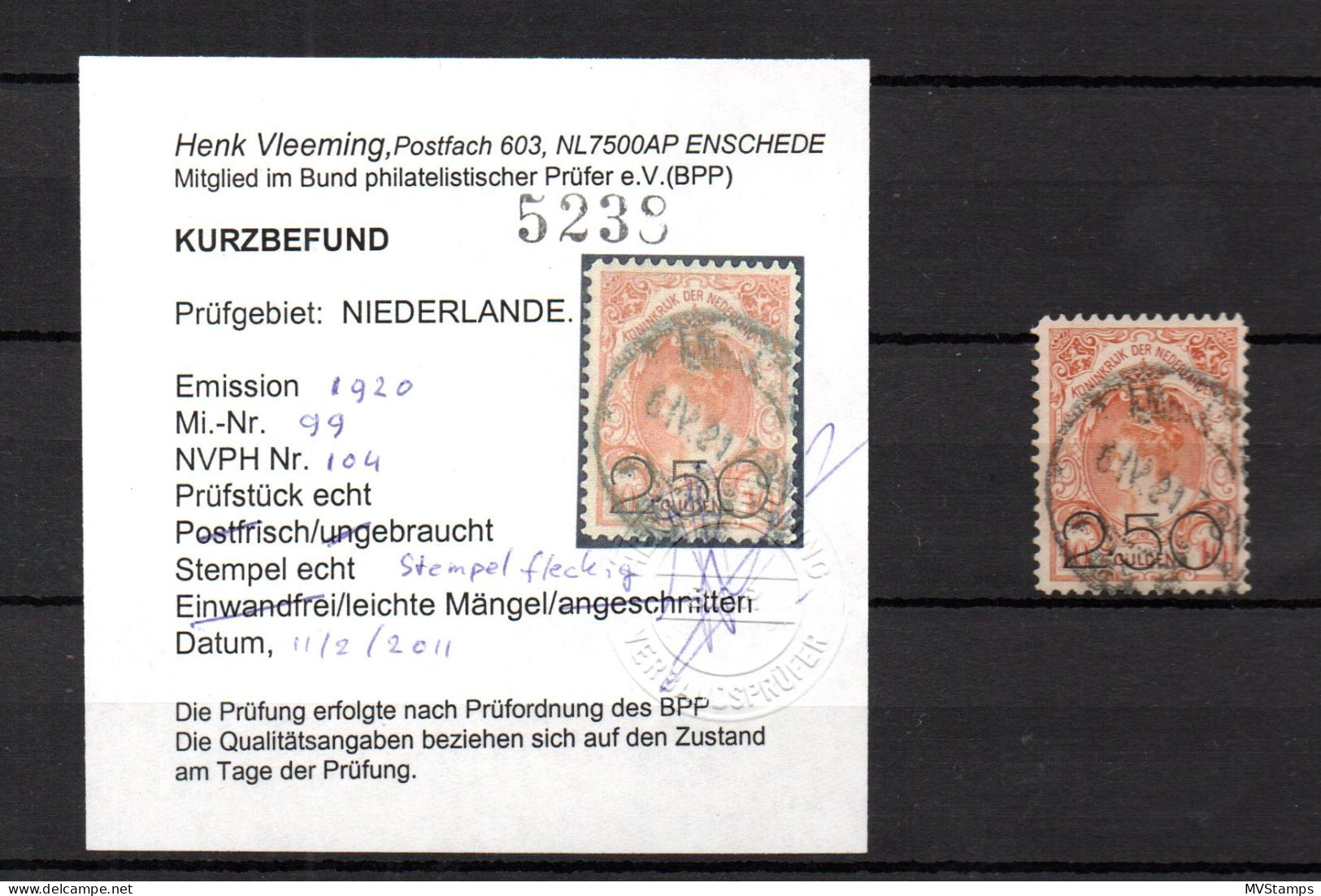 Netherlands 1920 Old Overprinted 10 Guilder Stamp (Michel 99) Used With Certificate Vleeming BPP - Used Stamps