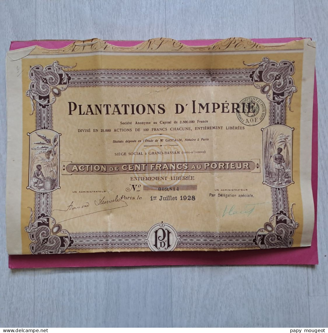 Plantations D'Impérié - Action De 100 Francs Au Porteur - Paris 1er Juillet 1928 N°009.814 - P - R