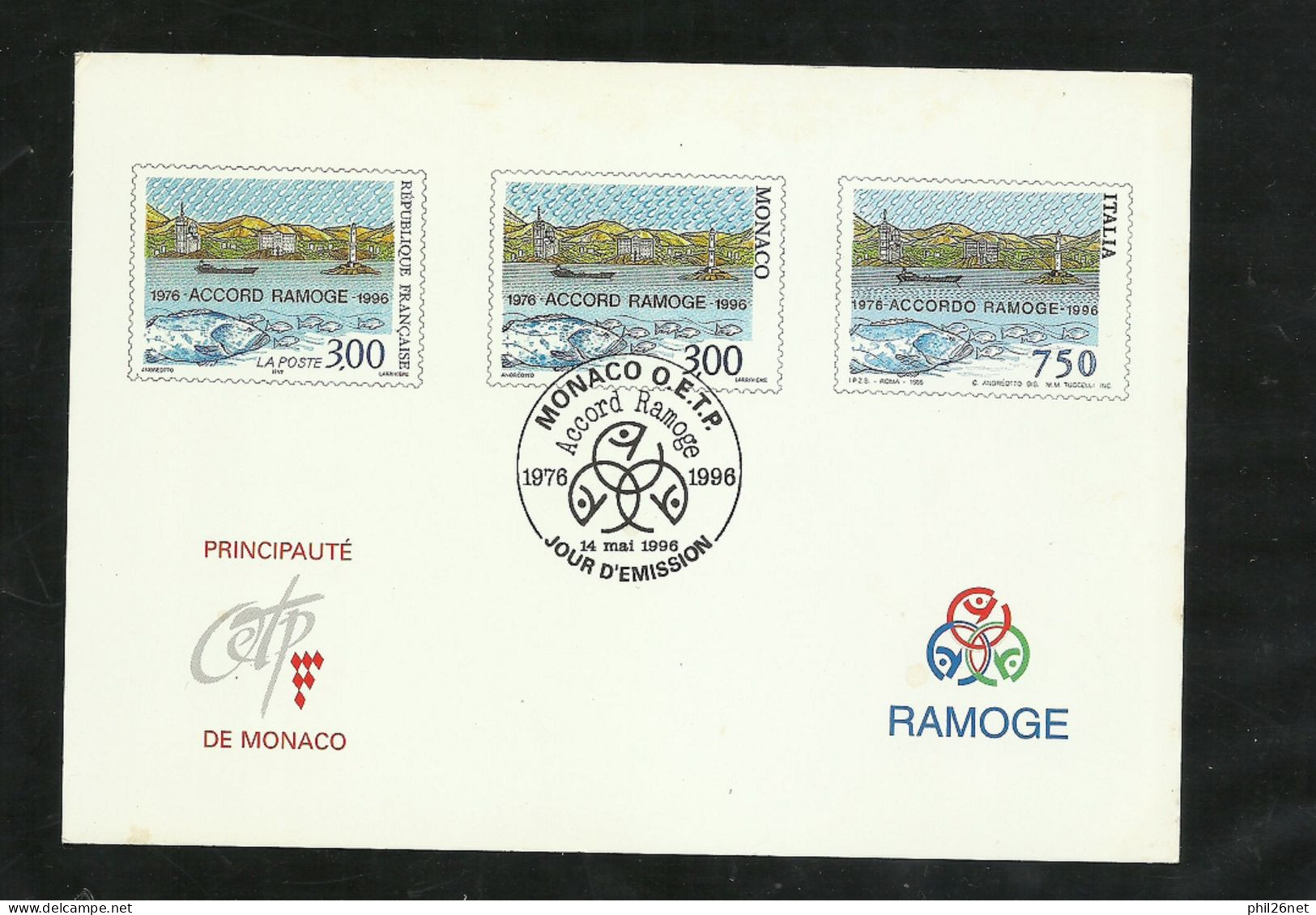 Carte Souvenir OETP De Monaco émission Commune Accord RAMOGE France Monaco Italie Le 14 Mai 1996   TB - Lettres & Documents