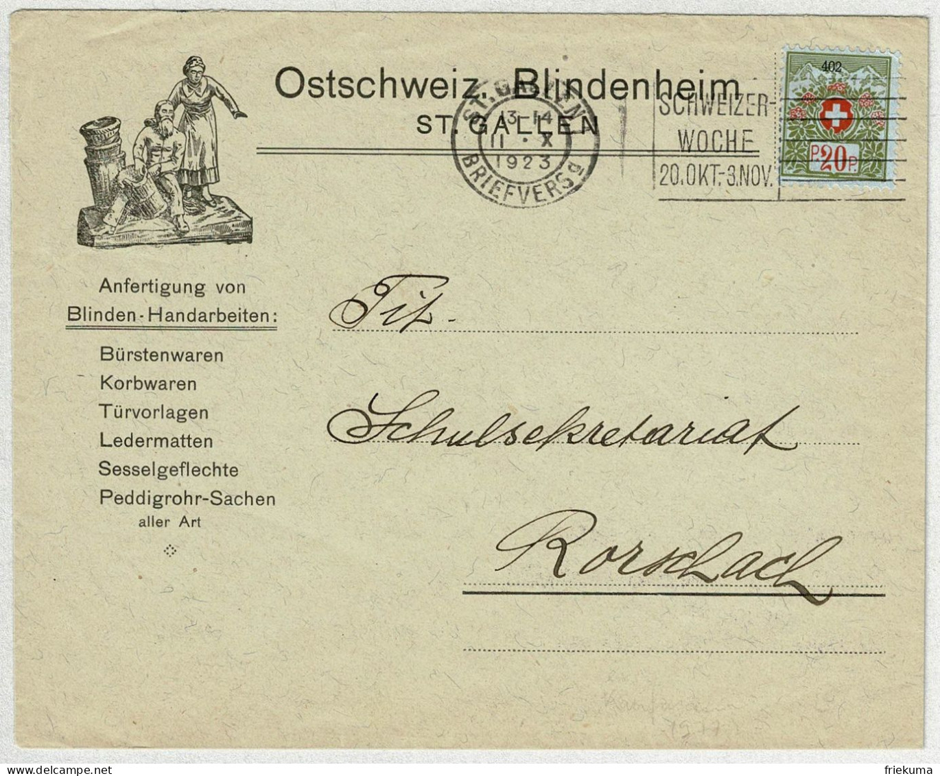 Schweiz / Helvetia 1923, Brief Portofrei Ostschweizer Blindenheim St. Gallen - Rorschach  - Portofreiheit