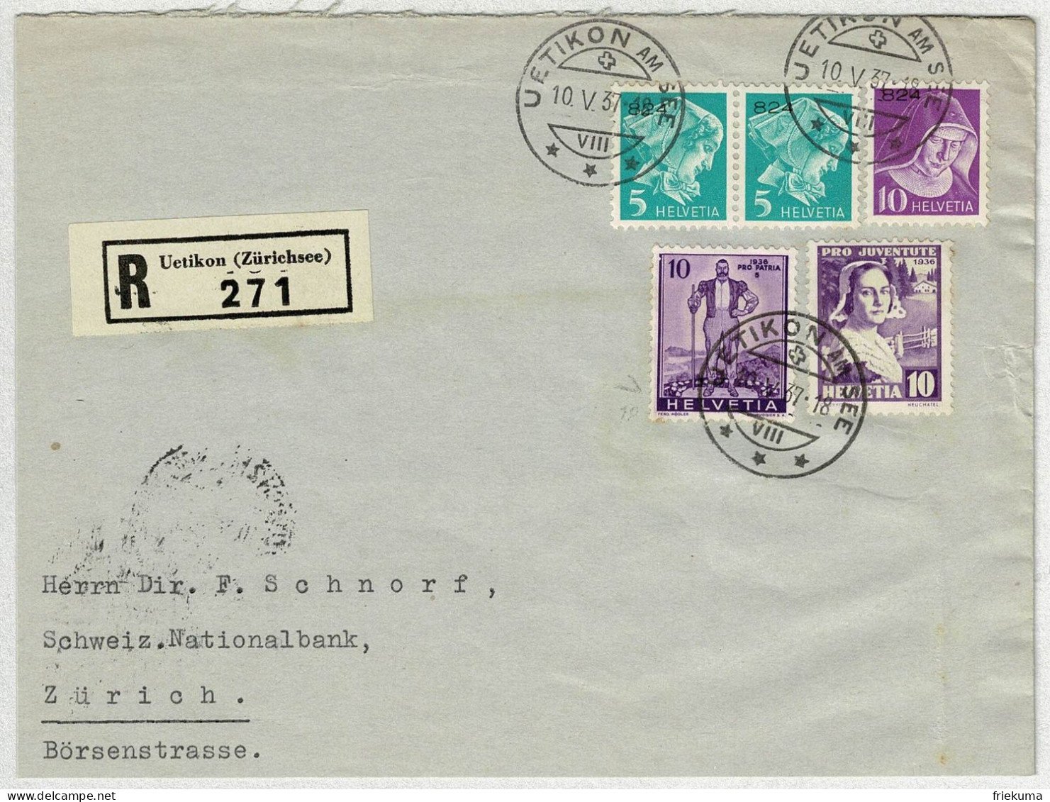 Schweiz / Helvetia 1937, Briefausschnitt Einschreiben Portofrei Wäckerlingstiftung Uetikon - Zürich  - Vrijstelling Van Portkosten