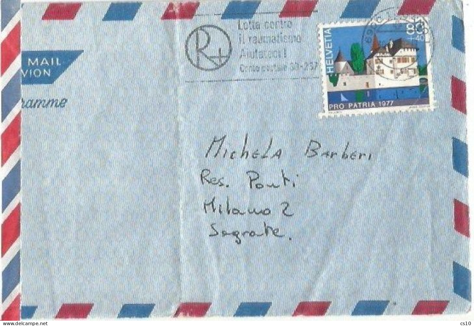 Suisse Airmail Cover Lugano 30aug1978 To Italy With ProPatria 1977 C.80+40 Solo Franking - Lettres & Documents
