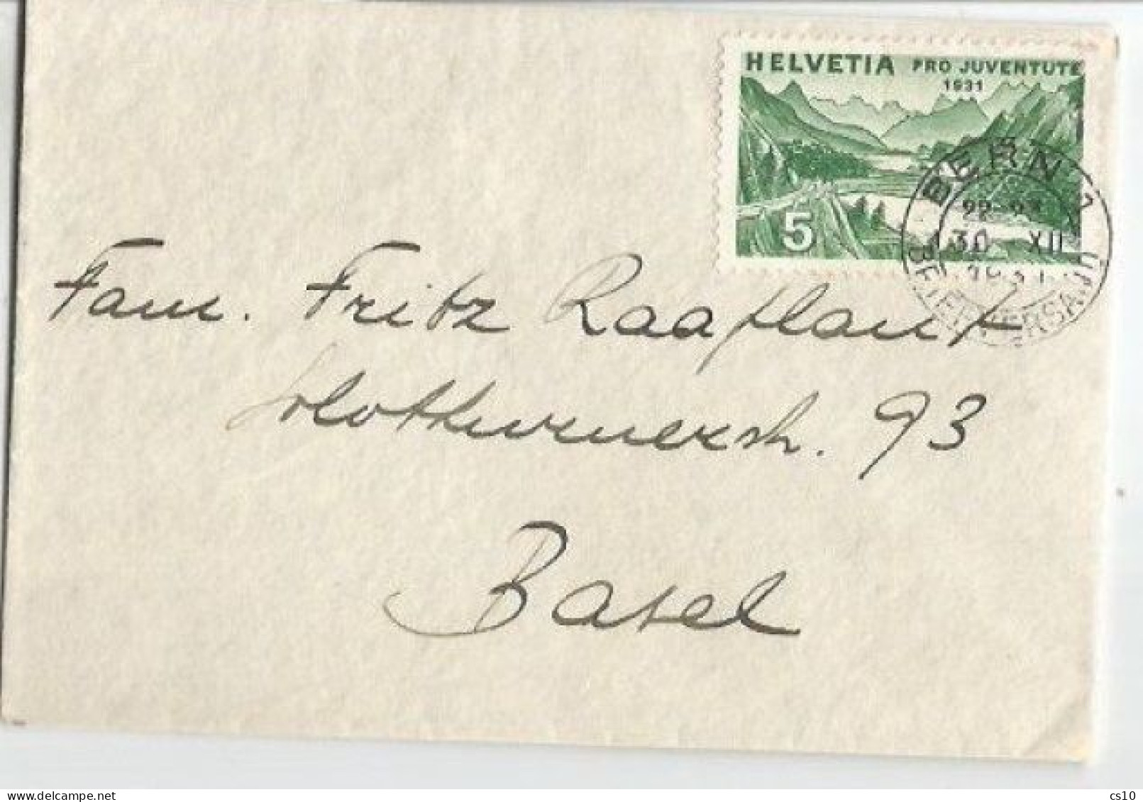 Suisse Visit Card Cover Bern 30dec1931 To Basel With Pro Juventute 1931 C.5+5 SOLO Franking - Cartas & Documentos