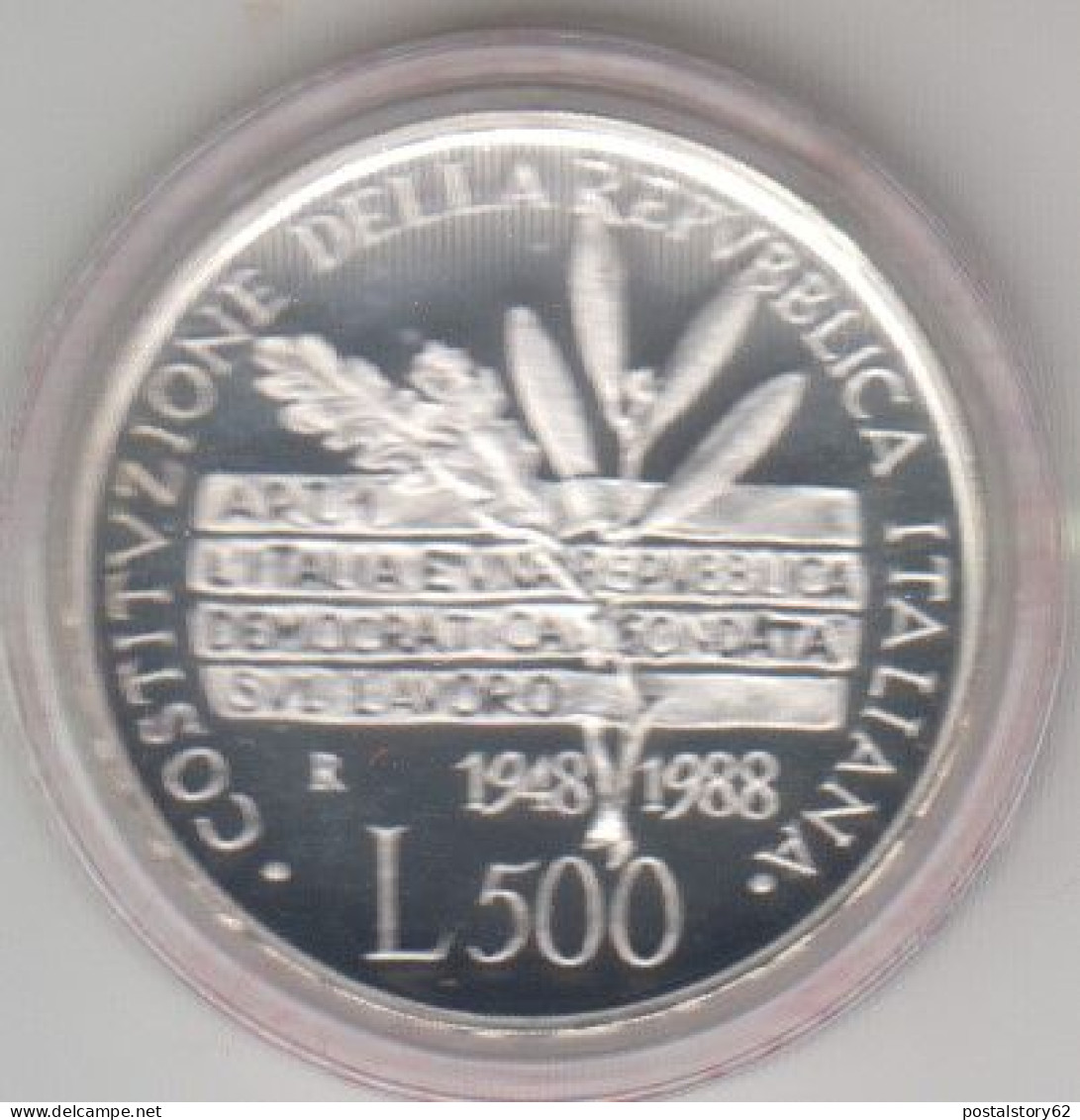 Repubblica Italiana, Moneta Da Lire 500 Proof Celebrativa Del 40° Anniversario Della Costituzione . 1948-1988 Gr.11 - Proeven & Herslagen