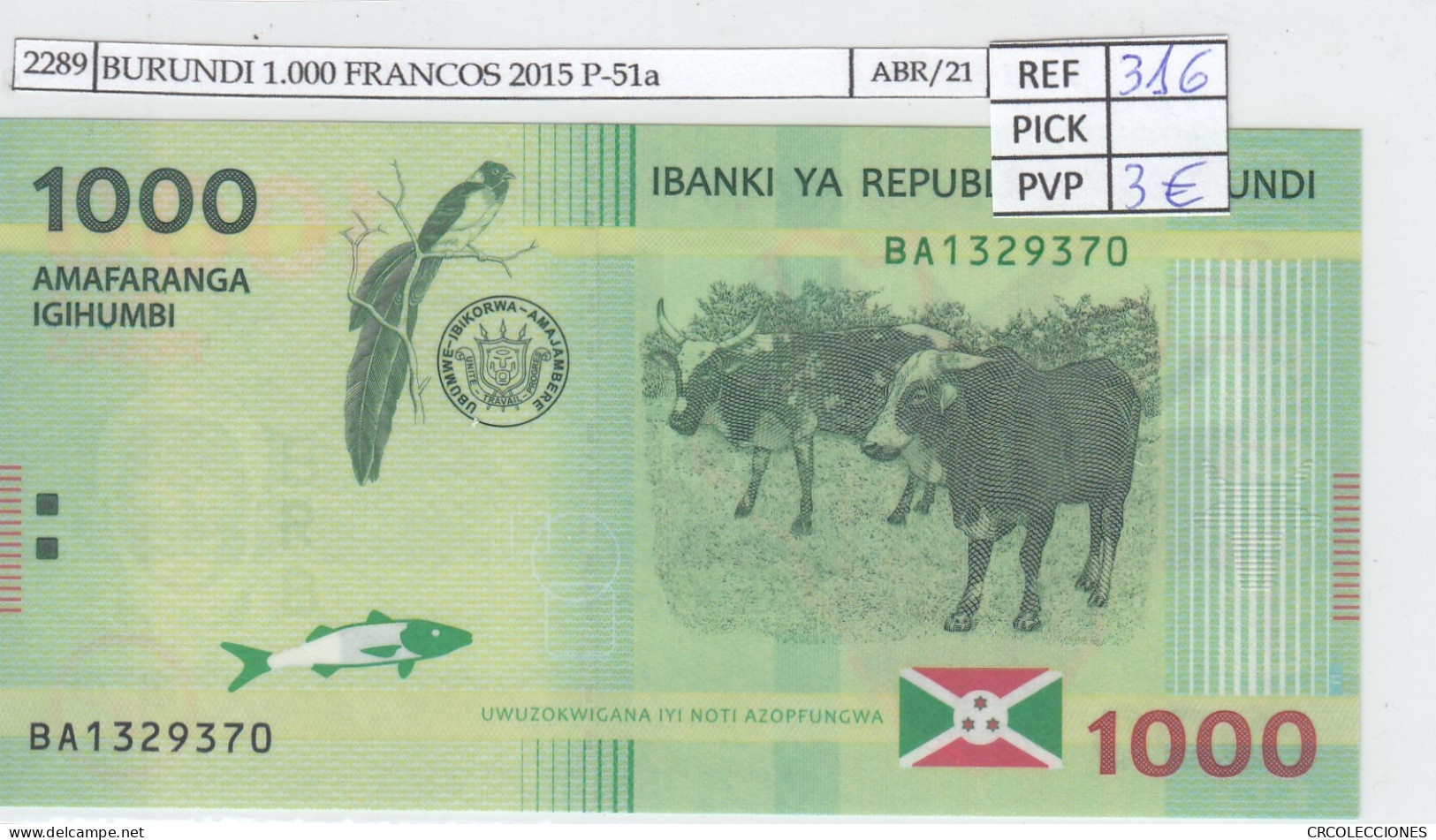 BILLETE BURUNDI 1.000 FRANCOS 2015 P-51a SIN CIRCULAR - Andere - Afrika