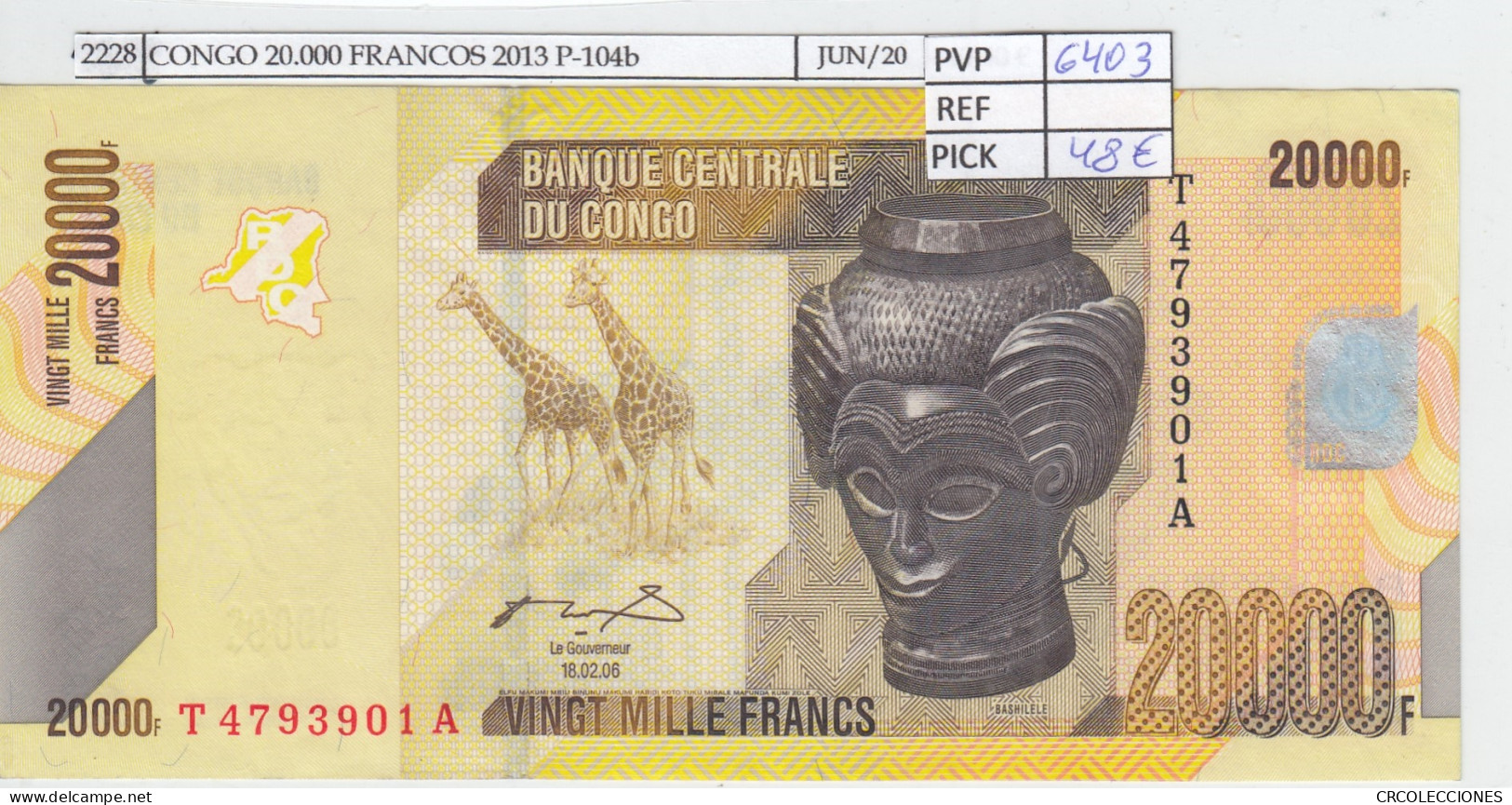 BILLETE CONGO 20.000 FRANCOS 2013 P-104b SIN CIRCULAR - Other - Africa