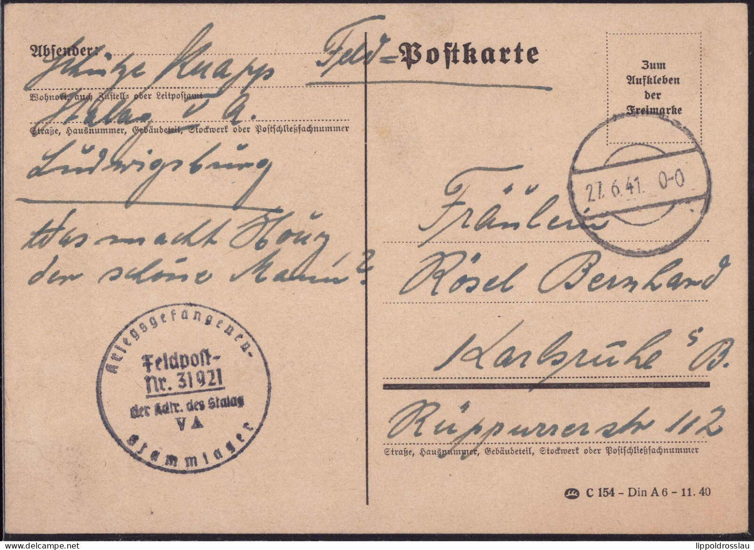 Gest. Kriegsgefangenen-Feldpost Nr. 31921 Der Kdlr. Des Stalag VA Stammlager1941 - Autres & Non Classés