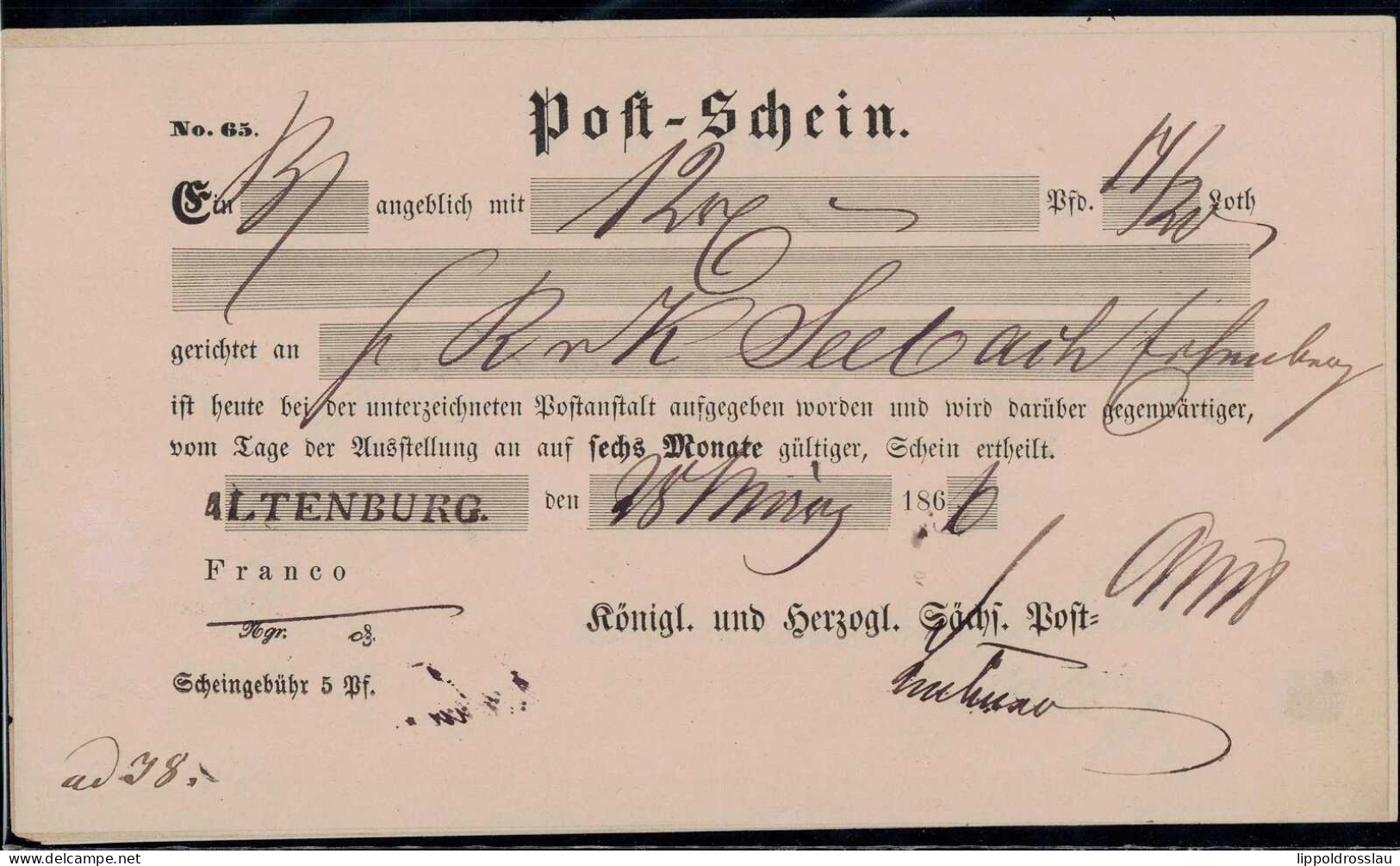 Gest. Postschein 5 Stck. Altenburg 1862-1866 - Sonstige & Ohne Zuordnung