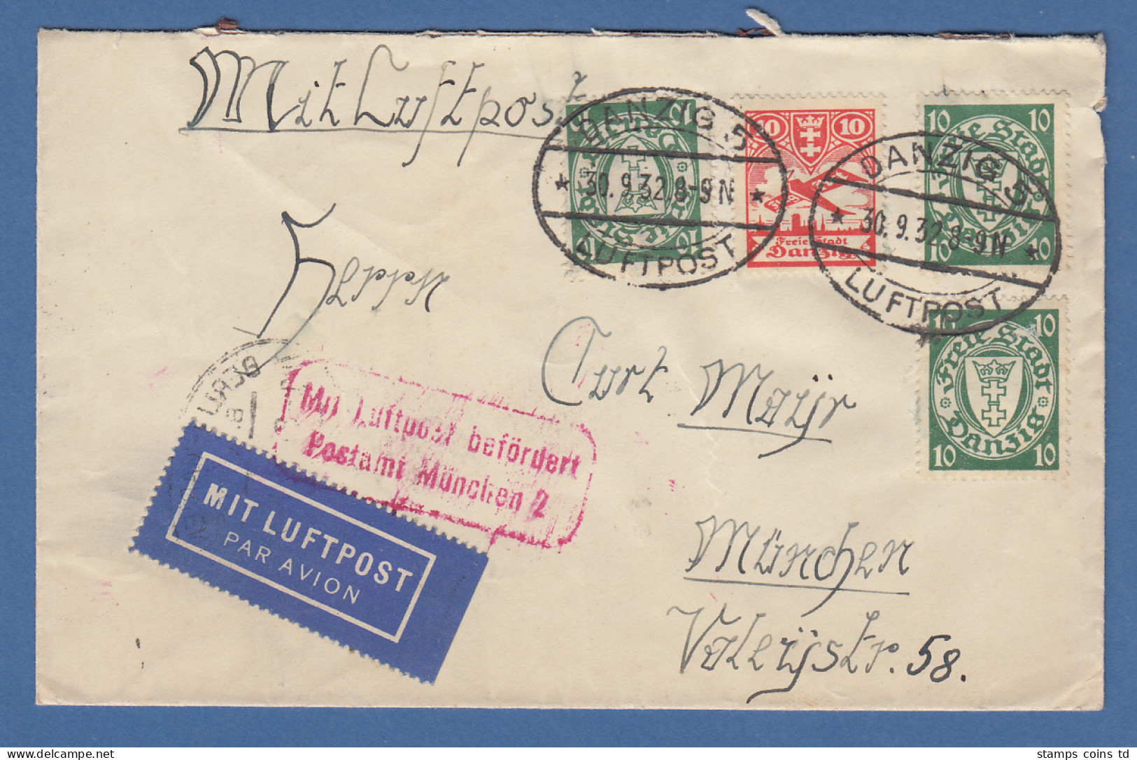 Danzig 1932 Flugpostbrief Mit Mi.-Nr. 194xb (3) Und 202  Gel. N. München - Lettres & Documents